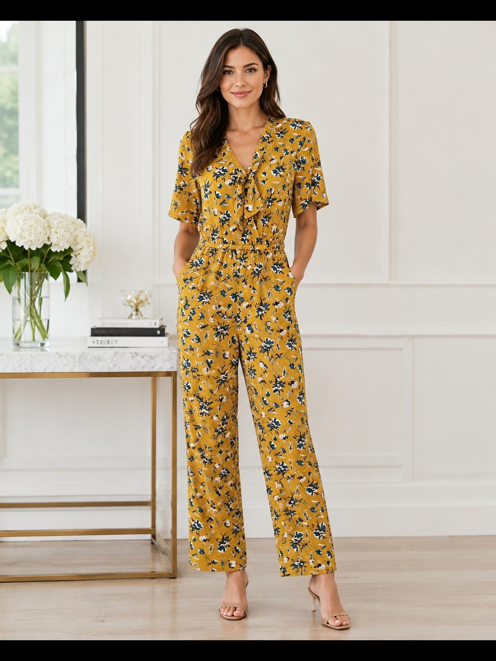 Uncle Frank Mustard Yellow Floral Jumpsuit Size XS Pockets Like New